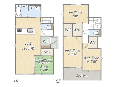 【2号地 参考プラン】 Plan：4LDK+3WIC+カースペース2台 建物参考価格：1903万円 建物面積：97.29㎡ 