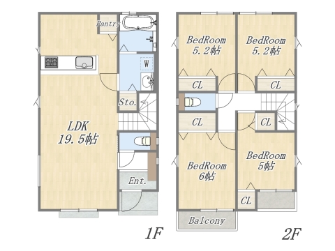 【4号地 参考プラン】 Plan：4LDK+Pantry+カースペース2台 建物参考価格：1903万円 建物面積：96.04㎡ 