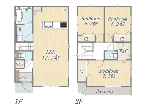 【建物プラン例①】Plan：3LDK+WIC｜建物面積：88㎡｜建物参考価格：1603万円