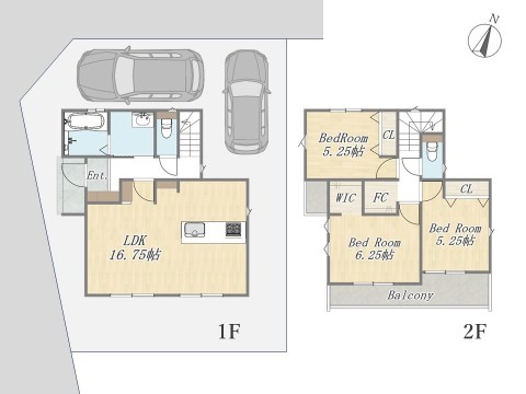 【14号地 参考プラン】 Plan：3LDK+WIC+FC+カースペース2台 建物参考価格：2000万円 建物面積：82.8㎡