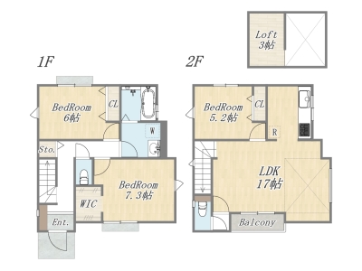 【建物プラン例】
Plan:3LDK+WIC+Loft+カースペース|建物参考価格:2003万円~ 【建物プラン例】
Plan:3LDK+WIC+Loft+カースペース|建物参考価格:2003万円~
