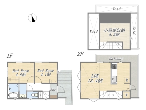 【間取り図】2LDK+小屋裏収納+カースペース