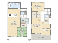 【2号地 参考プラン】
Plan:4LDK+3WIC+カースペース2台
建物参考価格:1903万円
建物面積:97.29㎡