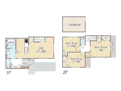 【間取り図】3LDK+小屋裏収納+カースペース 【間取り図】3LDK+小屋裏収納+カースペース