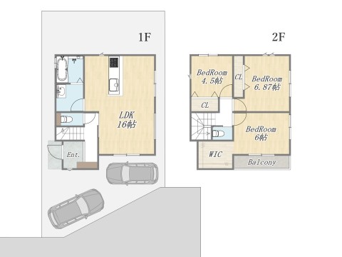 【参考プラン:4号地】 Plan:3LDK+WIC+カースペース2台 建物参考価格:2000万円 建物面積:84㎡