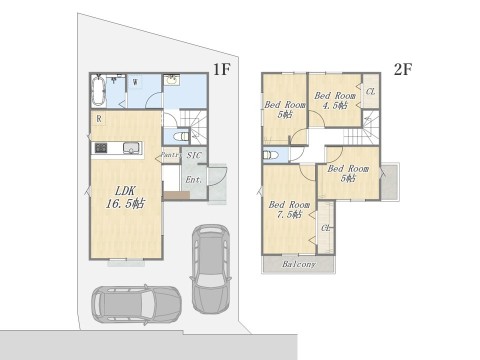 【2号地 参考プラン】 Plan:4LDK+Pantry+SIC+カースペース2台 建物参考価格:1903万円 建物面積:95㎡