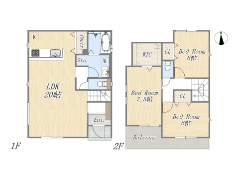 【5号地 参考プラン】 Plan:3LDK+WIC+Pantry+カースペース2台可 建物参考価格:2003万円 建物面積:96.05㎡