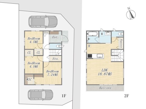 【参考プラン:1号地】 Plan:3LDK+WIC+Pantry+カースペース2台可|建物参考価格:2300万円|建物面積:88.18㎡|YAZAWA LUMBER施工|建物参考価格(2300万円)には設計・外構・地盤改良費等は含まれていません。