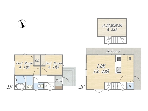 【間取り図】2LDK+小屋裏収納+カースペース