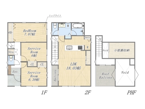 【間取り図】 Plan:2SLDK+Pantry+小屋裏収納+ルーフバルコニー+カースペース 土地面積:90.84㎡(27.47坪) 建物面積:87.68㎡(26.52坪)