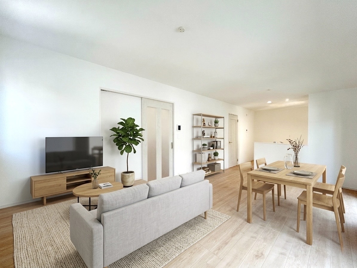 【LDK:15.75帖】
広々とした空間に、柔らかな自然光が満ち、温かみのある木調の家具が調和し、洗練された居心地の良い雰囲気を演出しています。
本画像はCGで作成しており、実際に現地に家具は配置しておりません。また、価格に家具は含まれません。